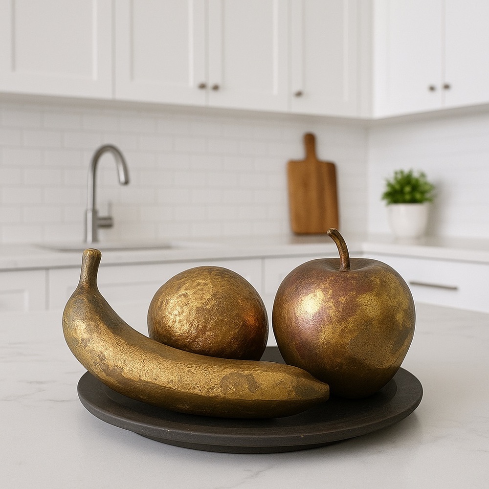Vtg Gold Gilded Fruit Set Textured Apple Orange Banana Patina MCM Kitchen Decor - Picture 9 of 10
